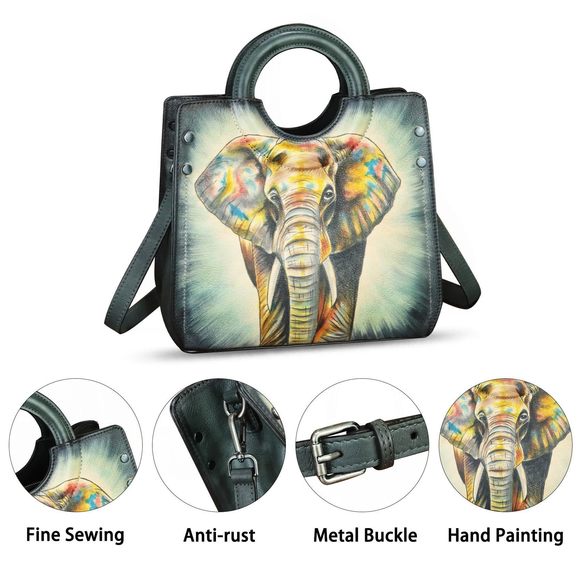 Genuine Leather Tote Bag Hand Painted Leather Shoulder Handbag :[ - Picture 3 of 7